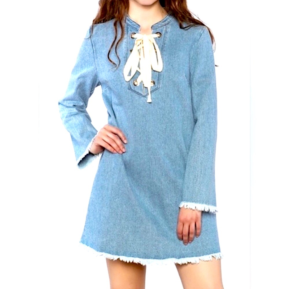 Sugar Lips Light Blue Denim Long Sleeve Mini Dress/Unfinished Hem/Tie Top/Size M - Picture 1 of 5